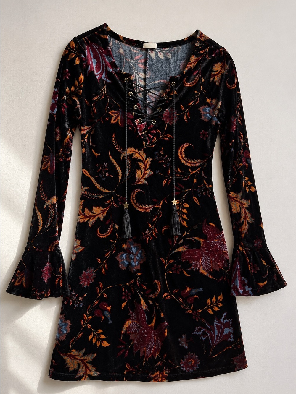 Wild Pearl Velvet Floral Lace-Up Bell Sleeve Mini Dress XS Whimsigoth Boho